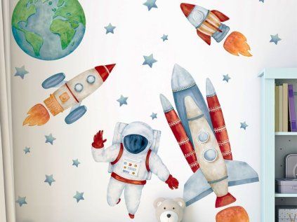 Nálepka na zeď Astronaut a rakety ve vesmíru